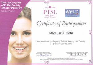 Certyfikat uczestnictwa lekarza stomatologa Mateusza Kufiety w Pierwszym Kongresie Polskiego Towarzystwa Stomatologii Laserowej