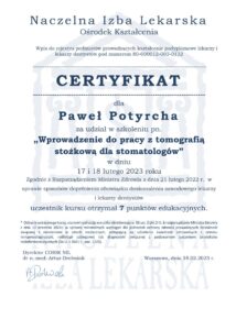 Certyfikat za udział w szkoleniu pn. Wprowadzenie do pracy z tomografią stożkową