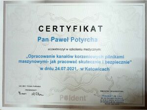 Certyfikat uczestnictwa w szkoleniu "Opracowanie kanałów korzeniowych pilnikami maszynowymi