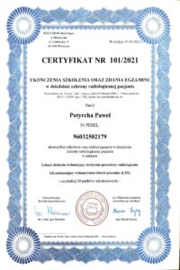 Certyfikat szkolenia oraz zdania egzaminu w dziedzinie ochrony radiologicznej pacjenta